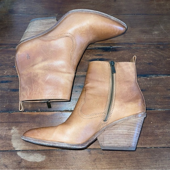 Frye Tan Leather Ankle Booties with Stacked Heel - Picture 2 of 7